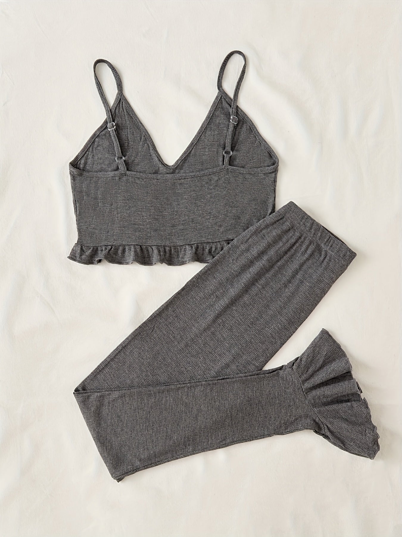 Solid Lounge Set V Neck Cami Top & Ruffle Pants Women's Loungewear
