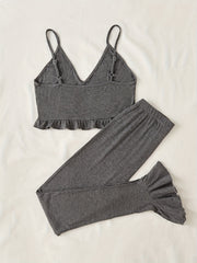 Solid Lounge Set V Neck Cami Top & Ruffle Pants Women's Loungewear