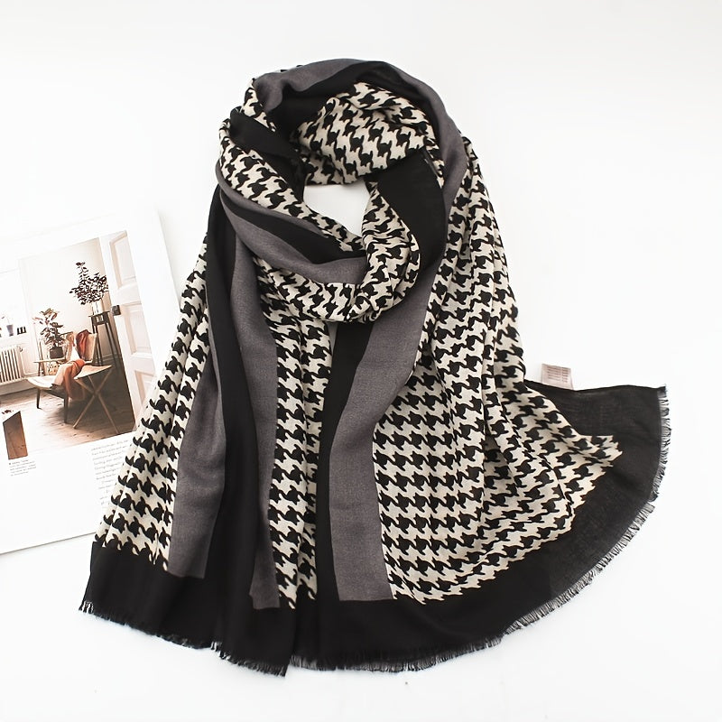 Houndstooth Frayed Scarf Shawl for Outdoor Travel