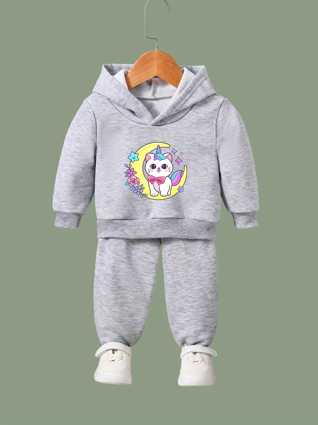 Cat & Moon Print 2pcs Girls Outfits For Sports Spring Fall Outdoor Gift