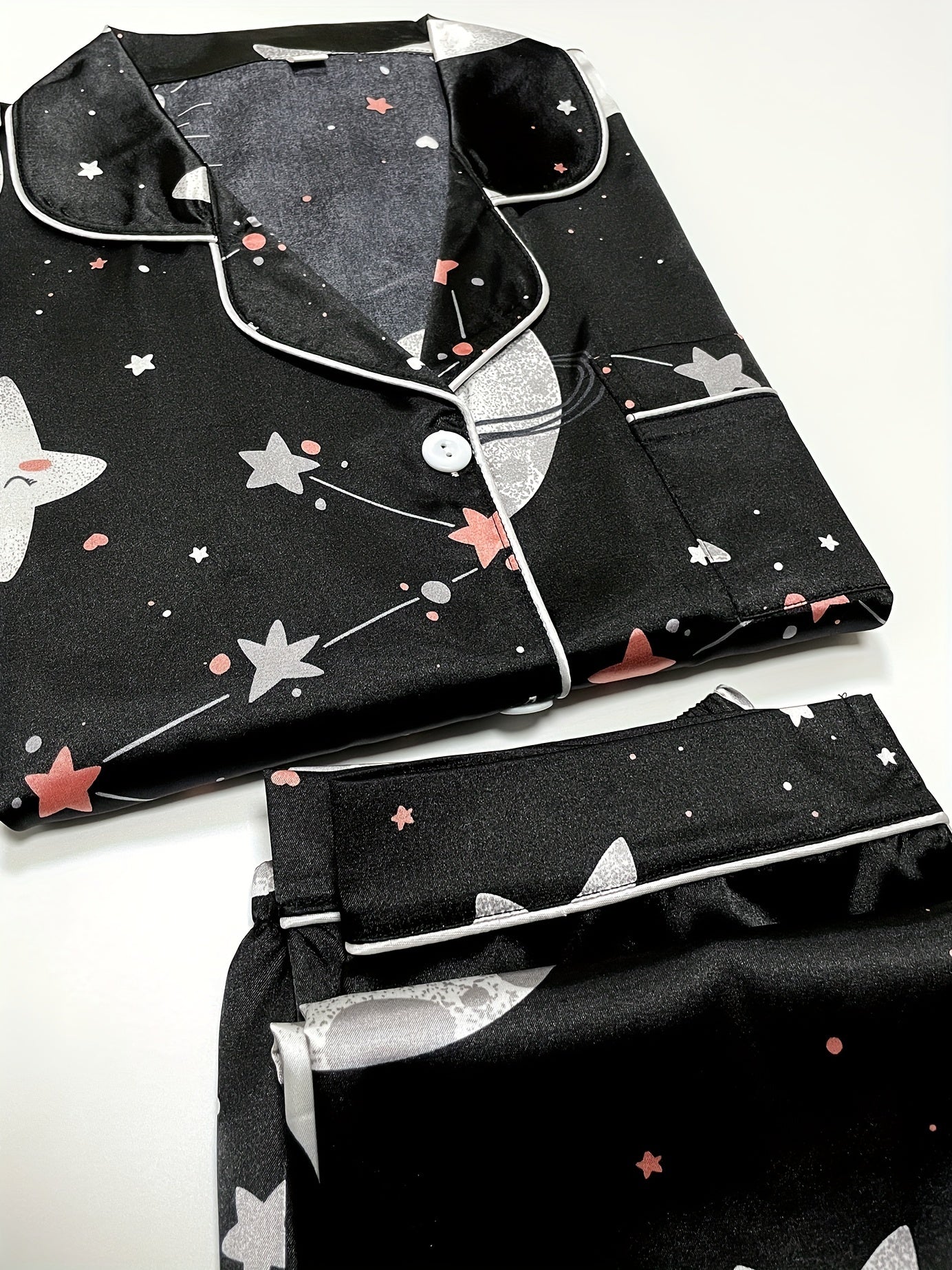 Starry Print Pajama Set Long Sleeve Buttons Top & Elastic Waistband Pants