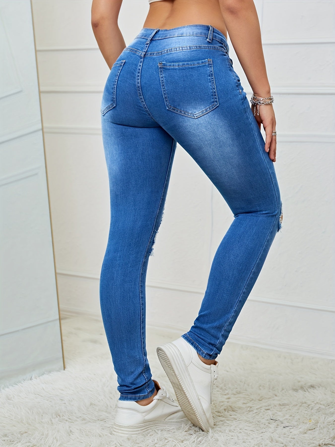High Waist Skinny Jeans Stretch Distressed Slim Fit Denim Pants