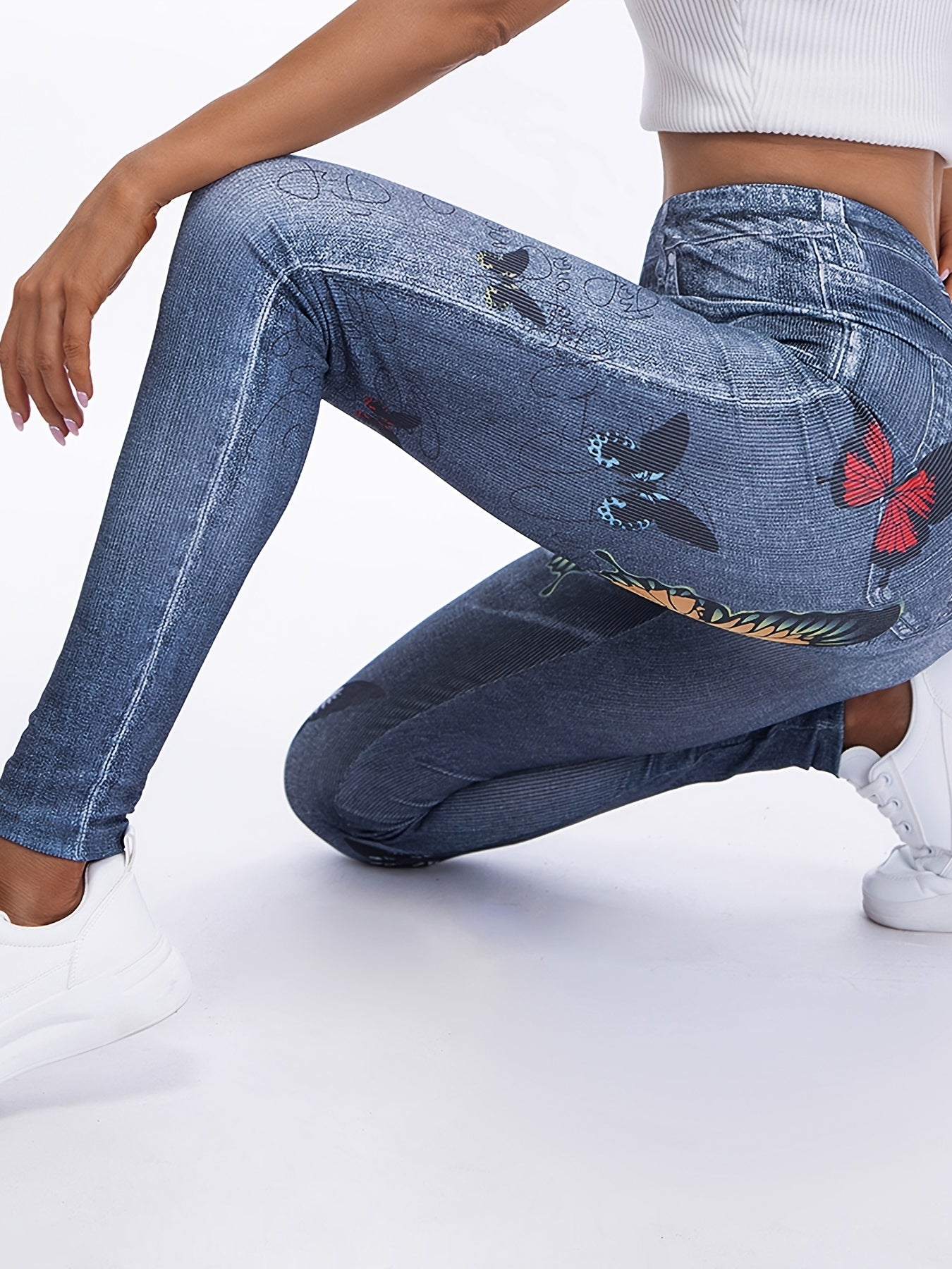 Women's Faux Denim Floral Yoga Pants High Waist Leggings