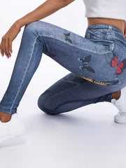 Women's Faux Denim Floral Yoga Pants High Waist Leggings