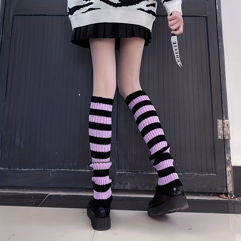 Y2K Colorblock Leg Warmers Rib Knit Knee High Socks