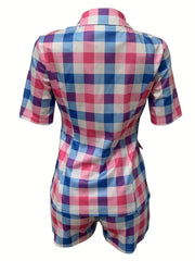 Plaid Two-Piece Set Lapel Button Outerwear & Shorts