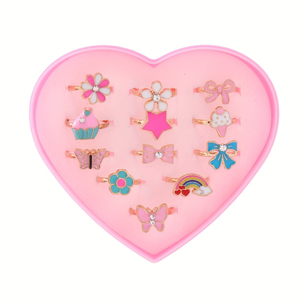 12pcs Cartoon Flower Butterfly Rainbow Star Adjustable Ring Set For Girls
