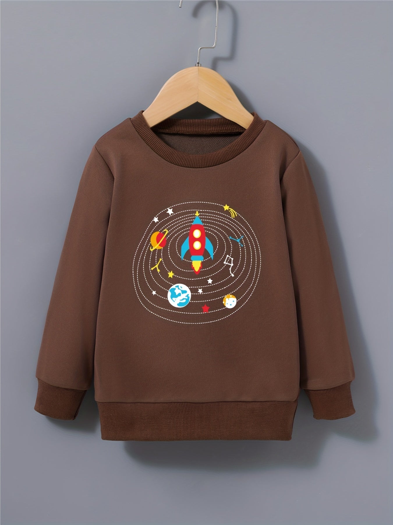 Cartoon Rocket Print Boys Sweatshirt Long Sleeve Crew Neck Tops