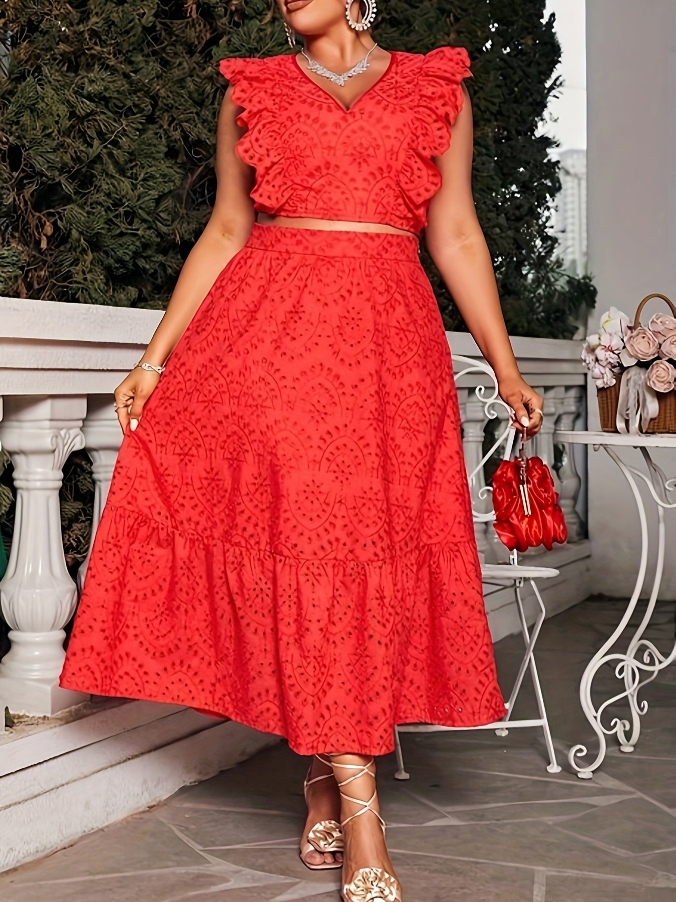 Solid Eyelet Embroidery Sleeve Top & Maxi Skirt Set