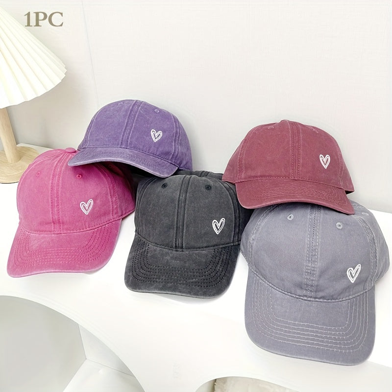 Vintage Washed Cowboy Baseball Cap with Heart Embroidery