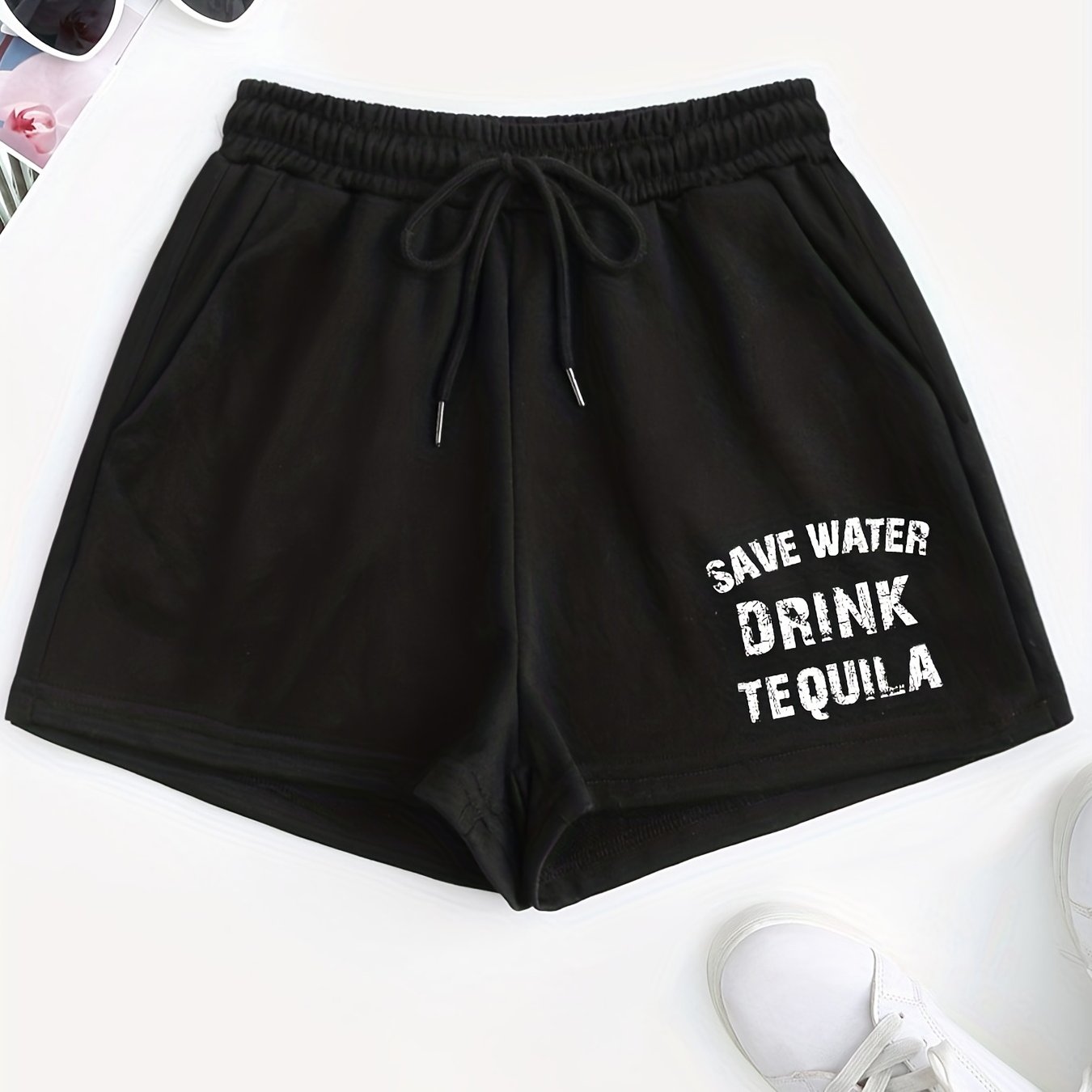 Letter Print Drawstring Shorts for Women