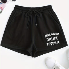 Letter Print Drawstring Shorts for Women