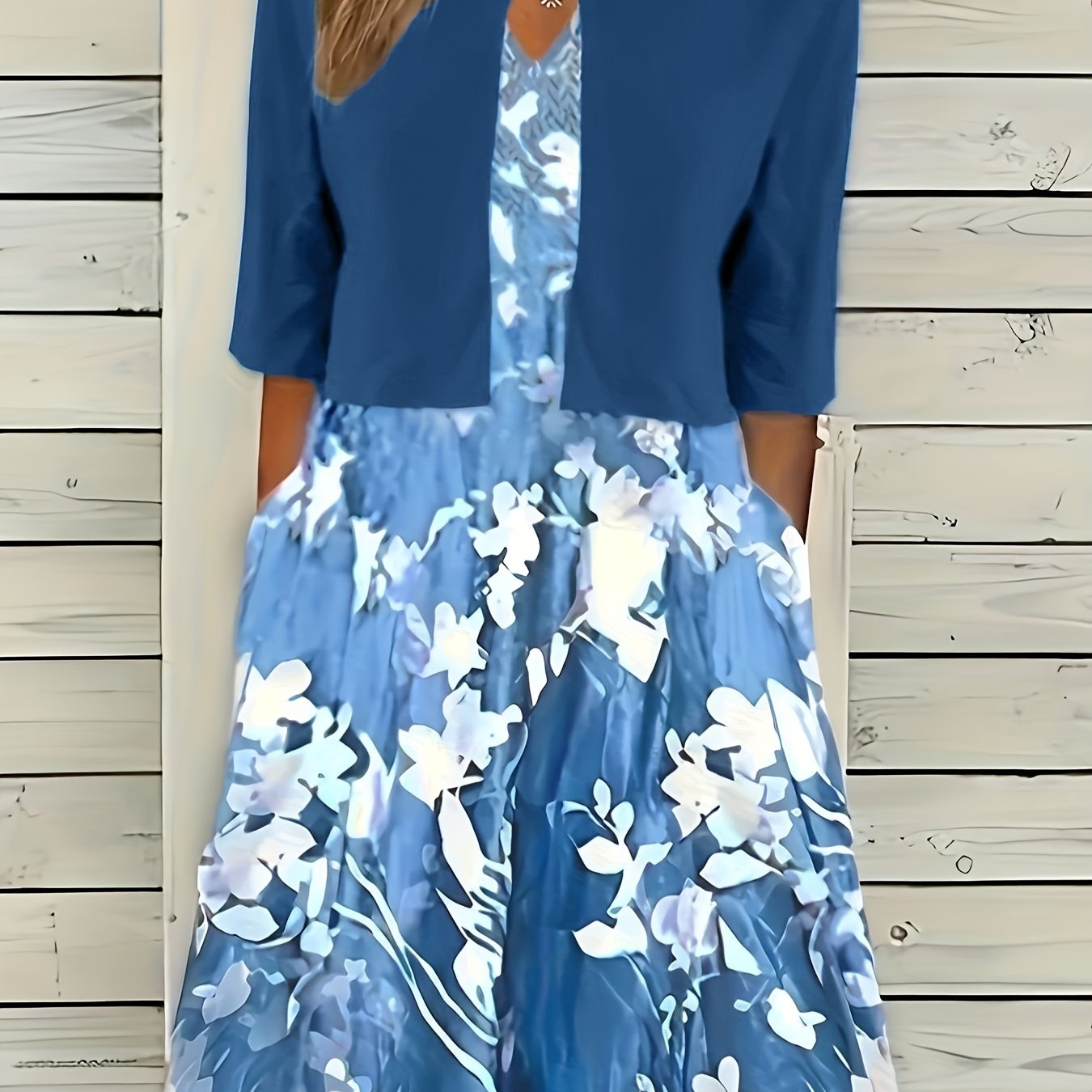 Casual 2pc Set: Solid Open Front Cardigan & Floral V Neck Dress