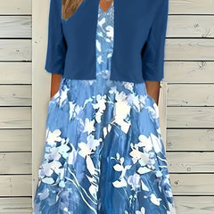 Casual 2pc Set: Solid Open Front Cardigan & Floral V Neck Dress