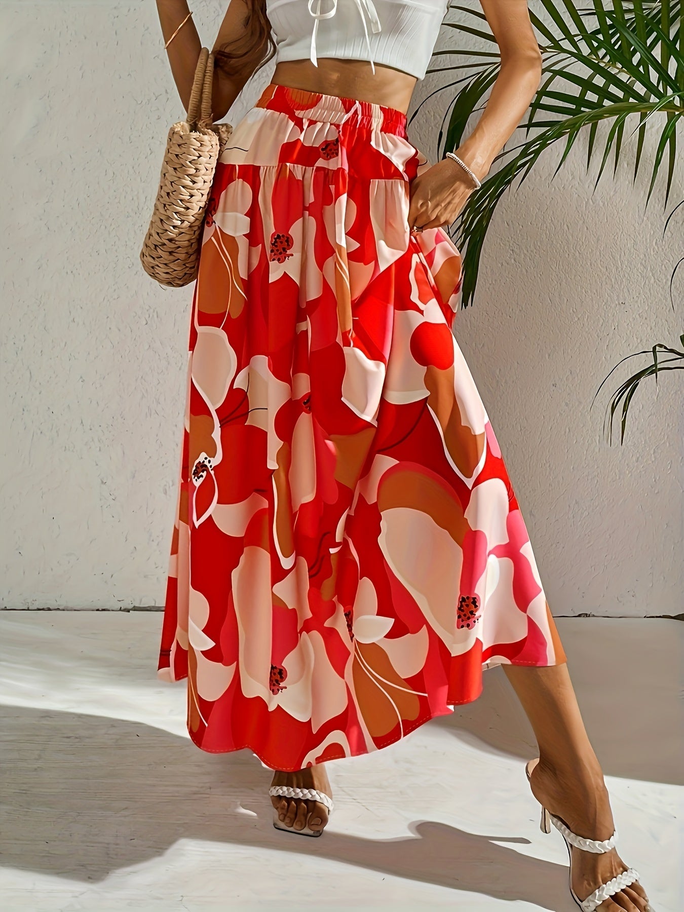Floral Print Maxi Skirt Elastic Waist Women's Clothing