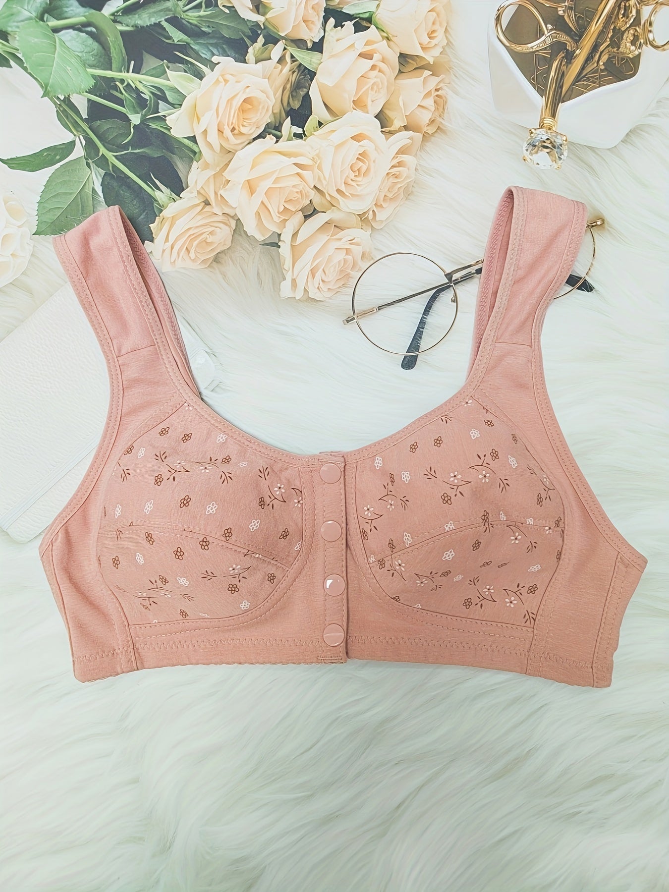 Floral Print Front Buckle Bra Wireless