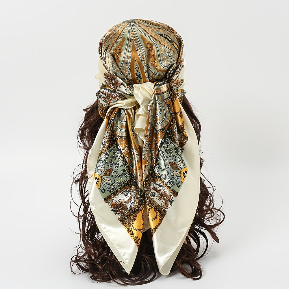 Boho Flower Print Scarf Satin Square Shawl Headscarf Wrap Casual Sunscreen