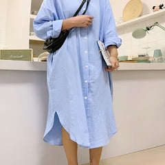 Solid Button Up Long Sleeve Shirt Dress