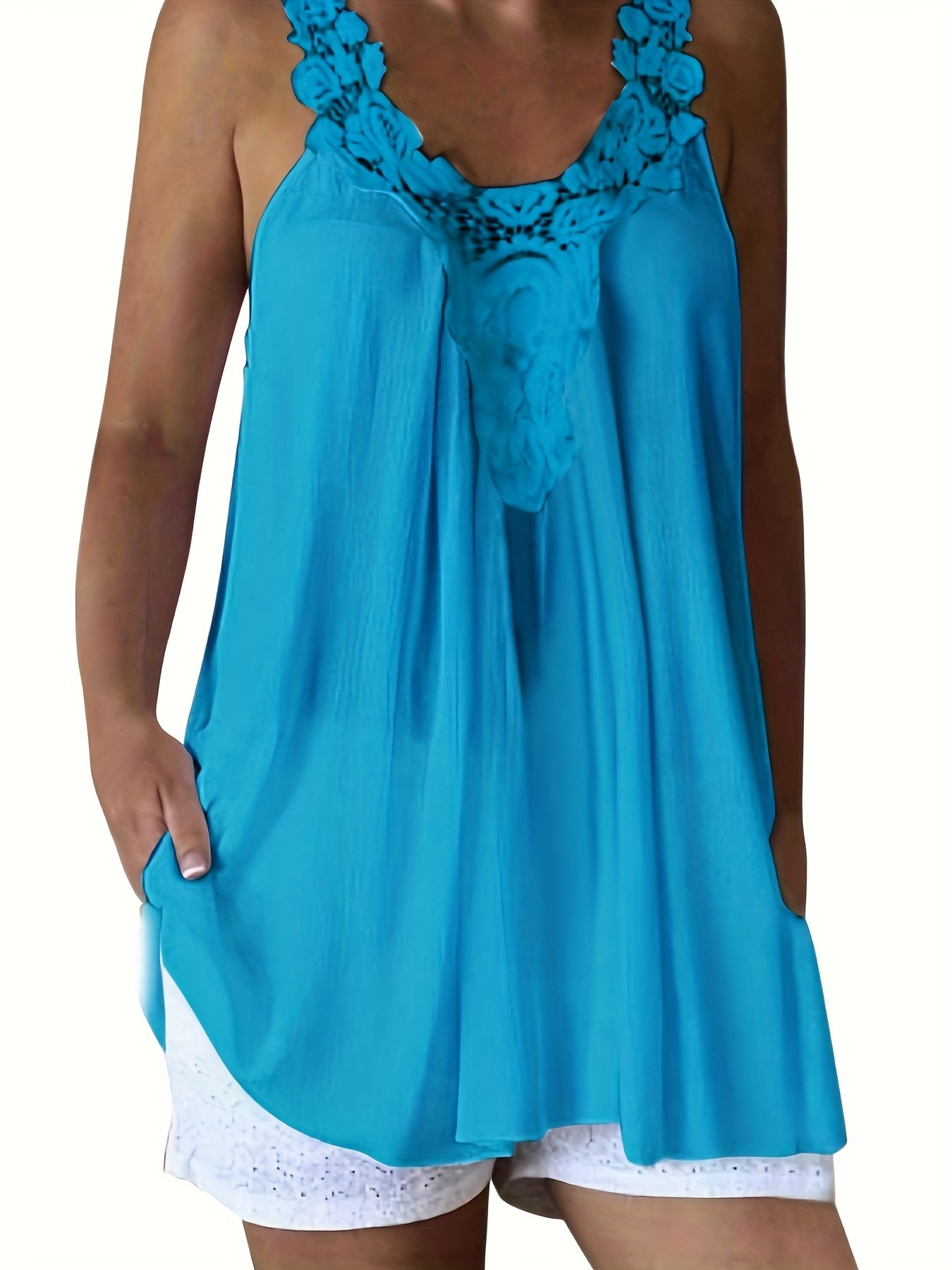 Floral Lace Stitching Tank Top Crew Neck Summer Sleeveless