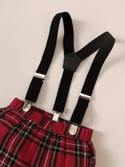 Baby Girls 2pcs Casual Shirt With Bow Plaid Bib Pants Set
