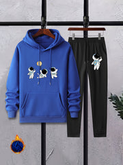 Men's Astronaut Print 2Pcs Outfits: Crew Neck T Shirt & Hooded Sweatshirt Set