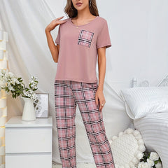 Plaid Print Pajama Set Short Sleeve Crew Neck Top & Elastic Waistband Pants