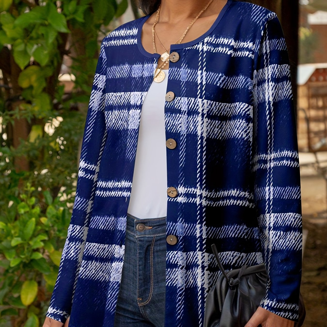 Gingham Print Long Sleeve Button Up Round Neck Cardigan