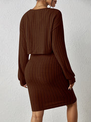 Ribbed Slim Two piece Dress Set Button Front Crop Cardigan & Skinny Tank Dress