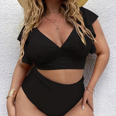 Ruffled Sleeve V Neck Tankini Set