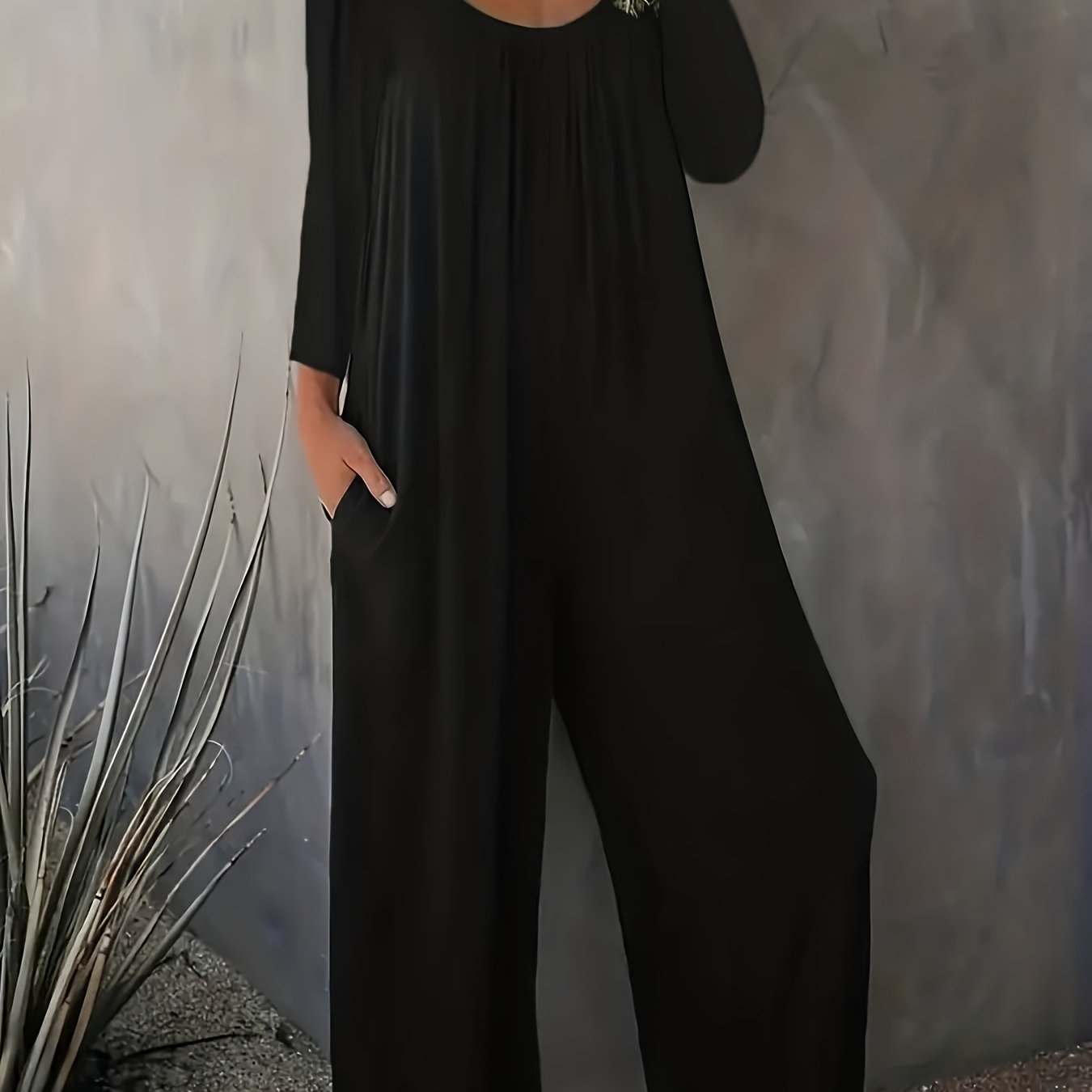 Solid Long Sleeve Wide Leg Jumpsuit With Pockets