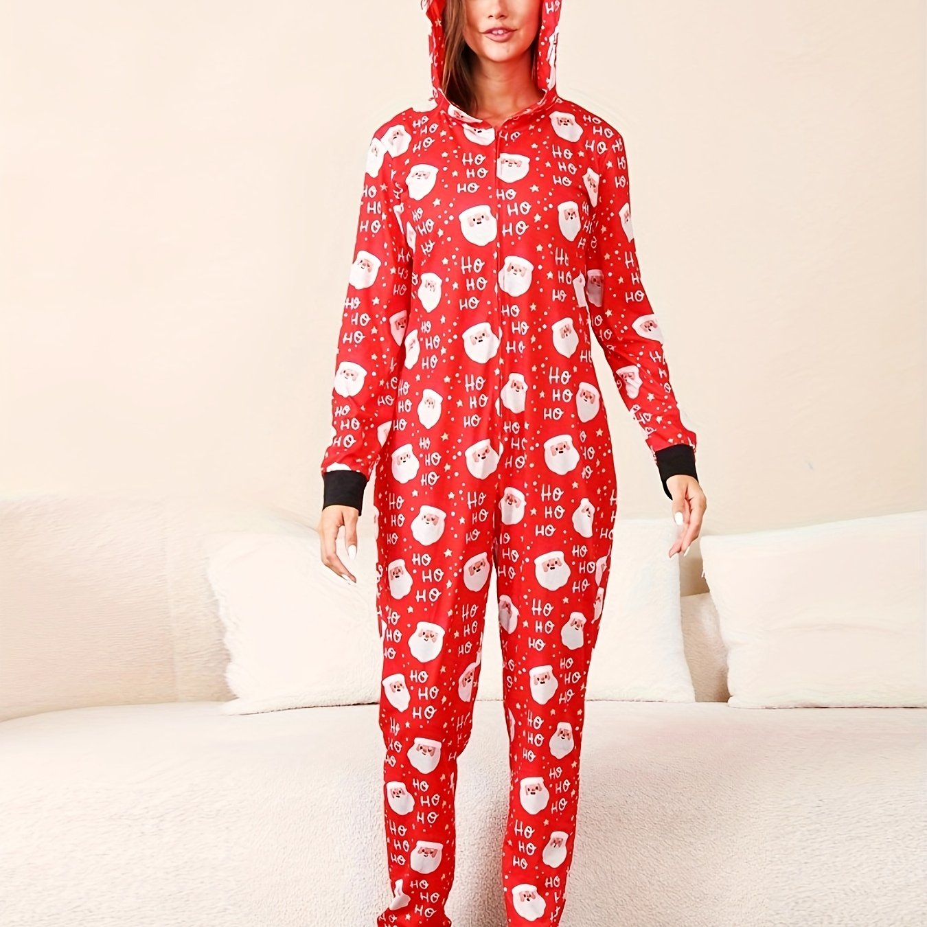 Christmas Cartoon Print Hooded Pajama Jumpsuit Women's Sleepwear