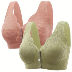 2pcs Contrast Lace Wireless Bras Front Buckle Women's Lingerie