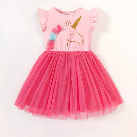 Toddler Girls Cartoon Unicorn Mesh Princess Dress For Party Beach Vacation