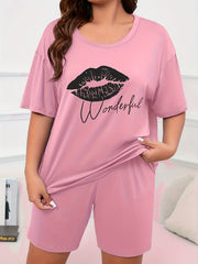 Women's Kiss & Letter Print Tee & Shorts Pajama Set