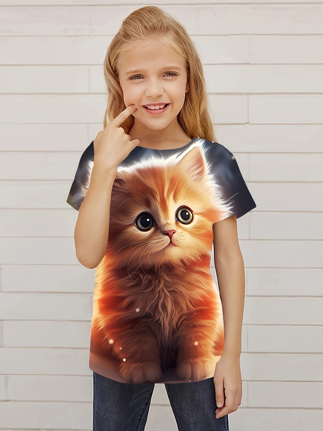 3D Cat Graphic Short Sleeve T-shirt for Girls