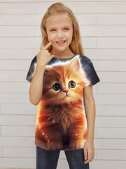 3D Cat Graphic Short Sleeve T-shirt for Girls
