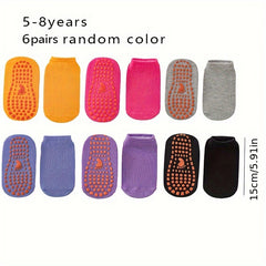 6 Pairs Girl's Non Slip Socks Solid Cotton Blend Bottom Rubber Dot