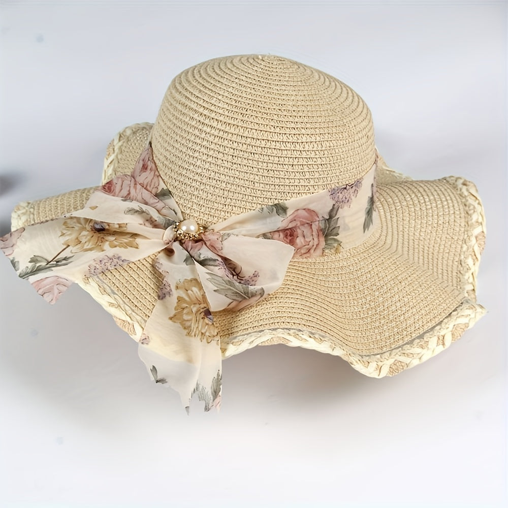 Floral Bow Decor Sun Hat Ruffles Wide Brim Floppy Straw Hat
