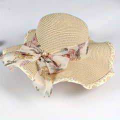 Floral Bow Decor Sun Hat Ruffles Wide Brim Floppy Straw Hat
