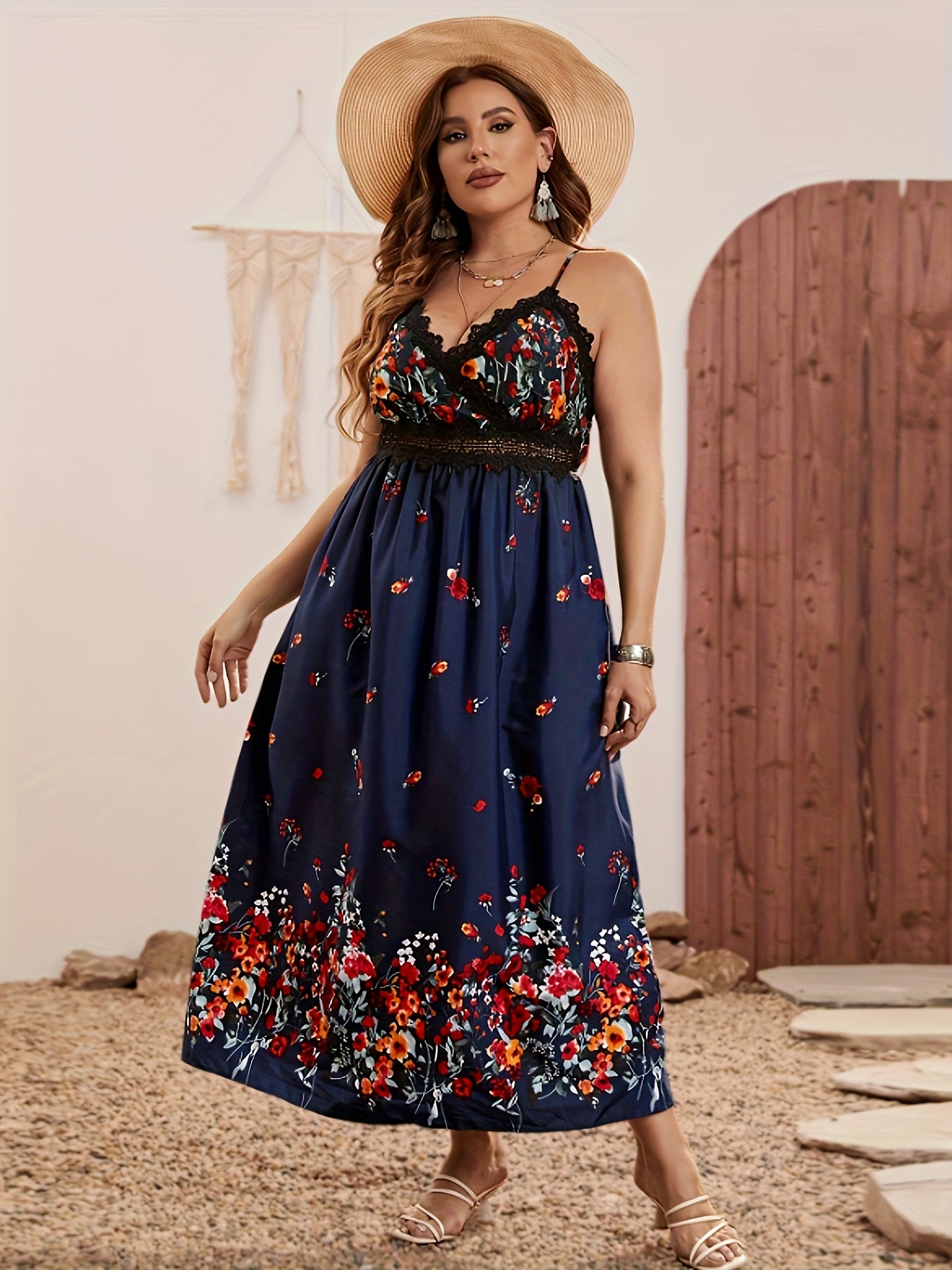 Floral Print Lace Trim Maxi Dress