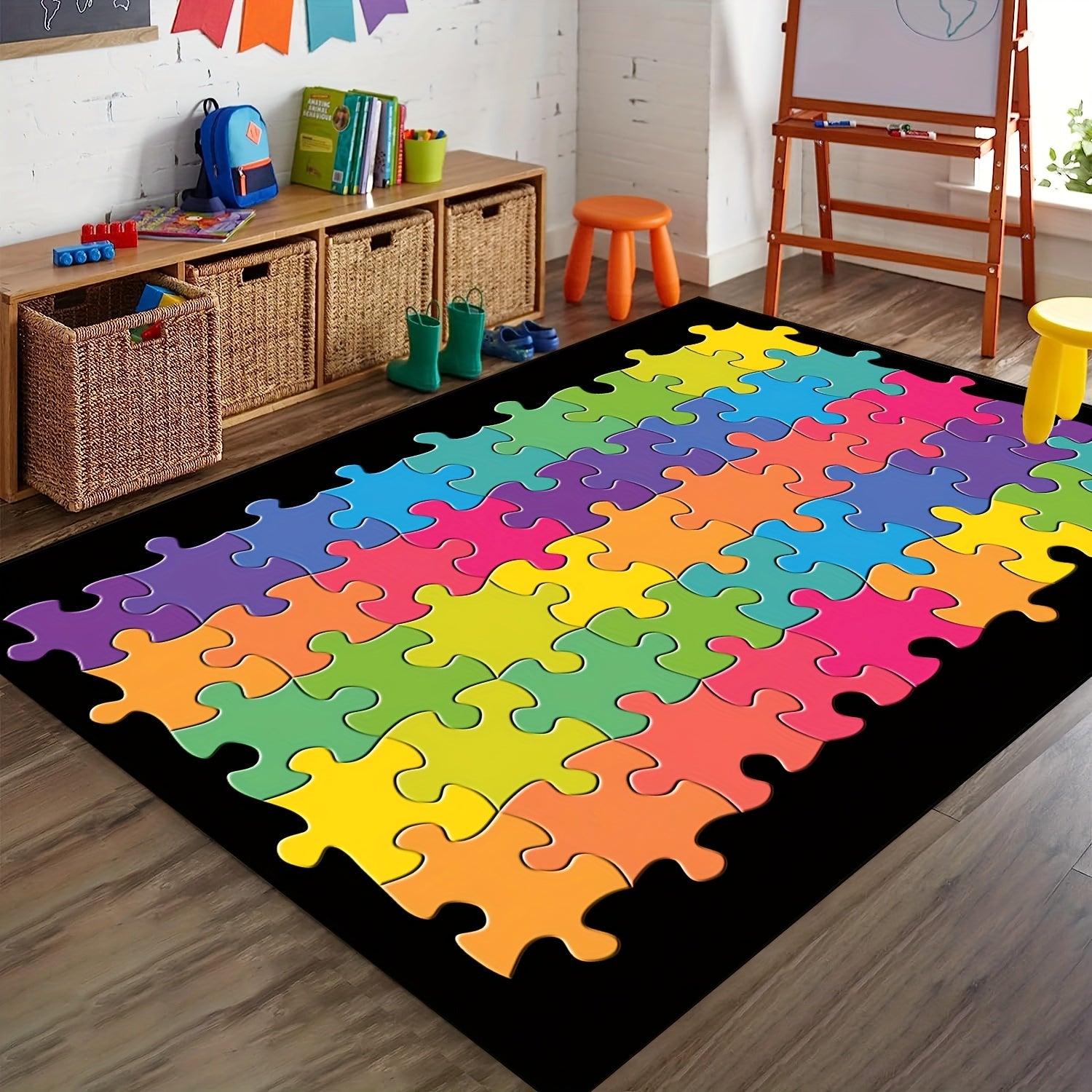 Colorful Puzzle Seating Rug for Classroom, Non Slip Backing
