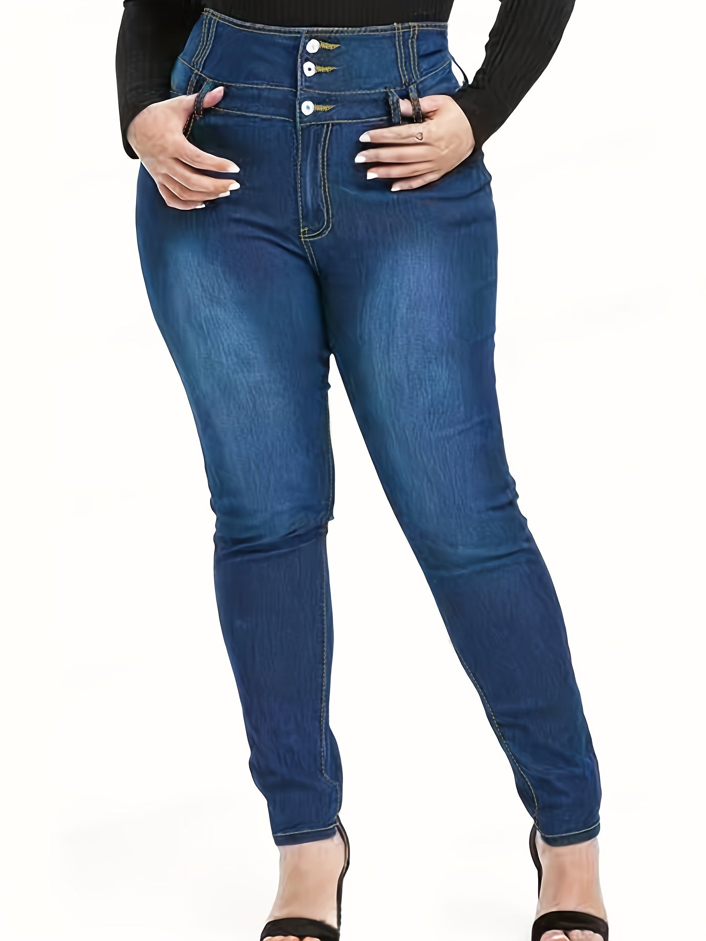 High Rise Button Fly Skinny Jeans Women's Plus Medium Stretch