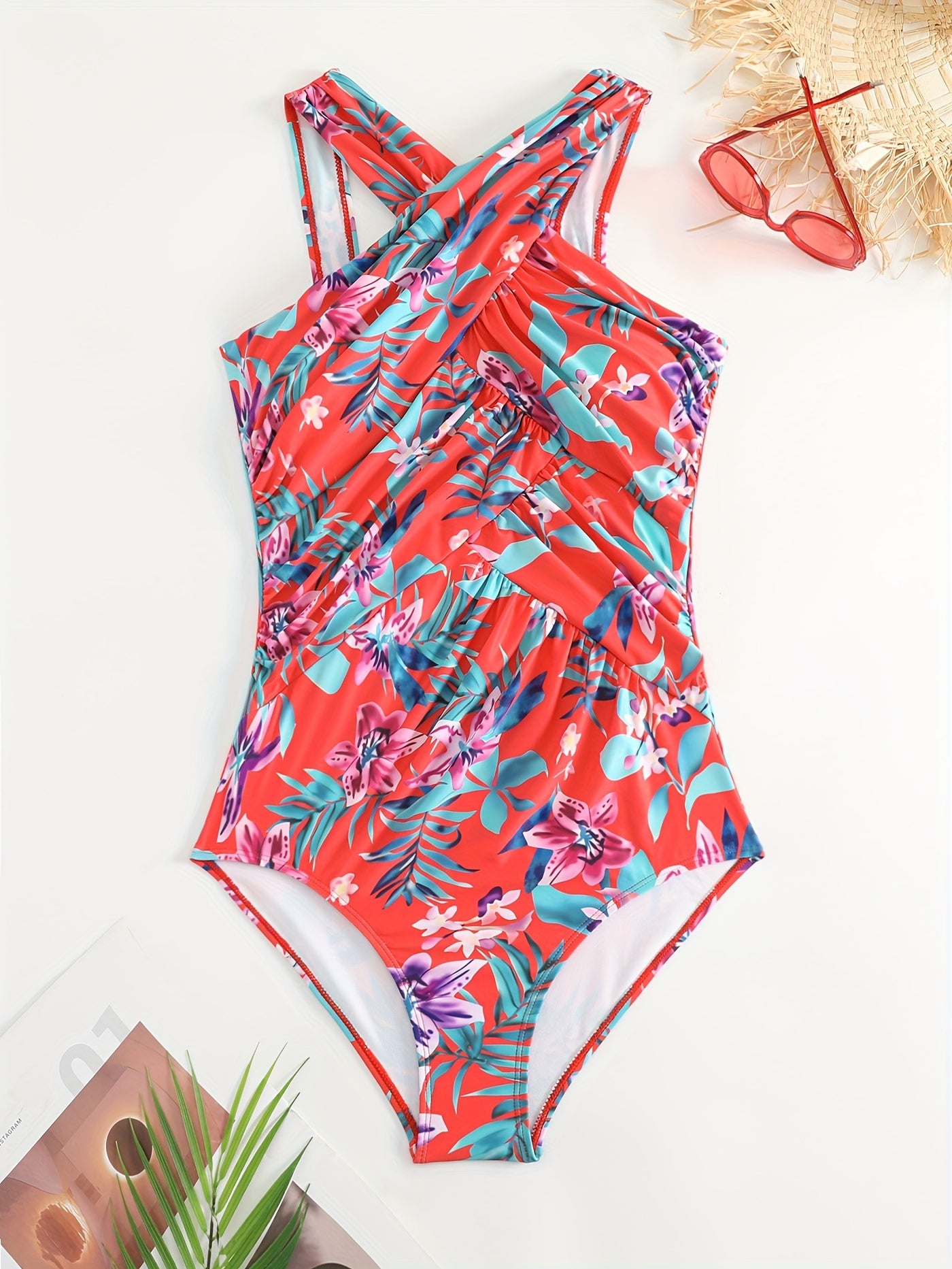 Tropical Print Halter One Piece Swimsuit