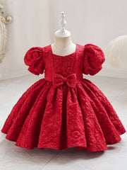 Girls' Princess Dress With Puff Sleeve and Bow Front Tutu Gown