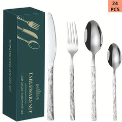 24pcs Stone Grain Stainless Steel Tableware Set, 6 Person, Dishwasher Safe