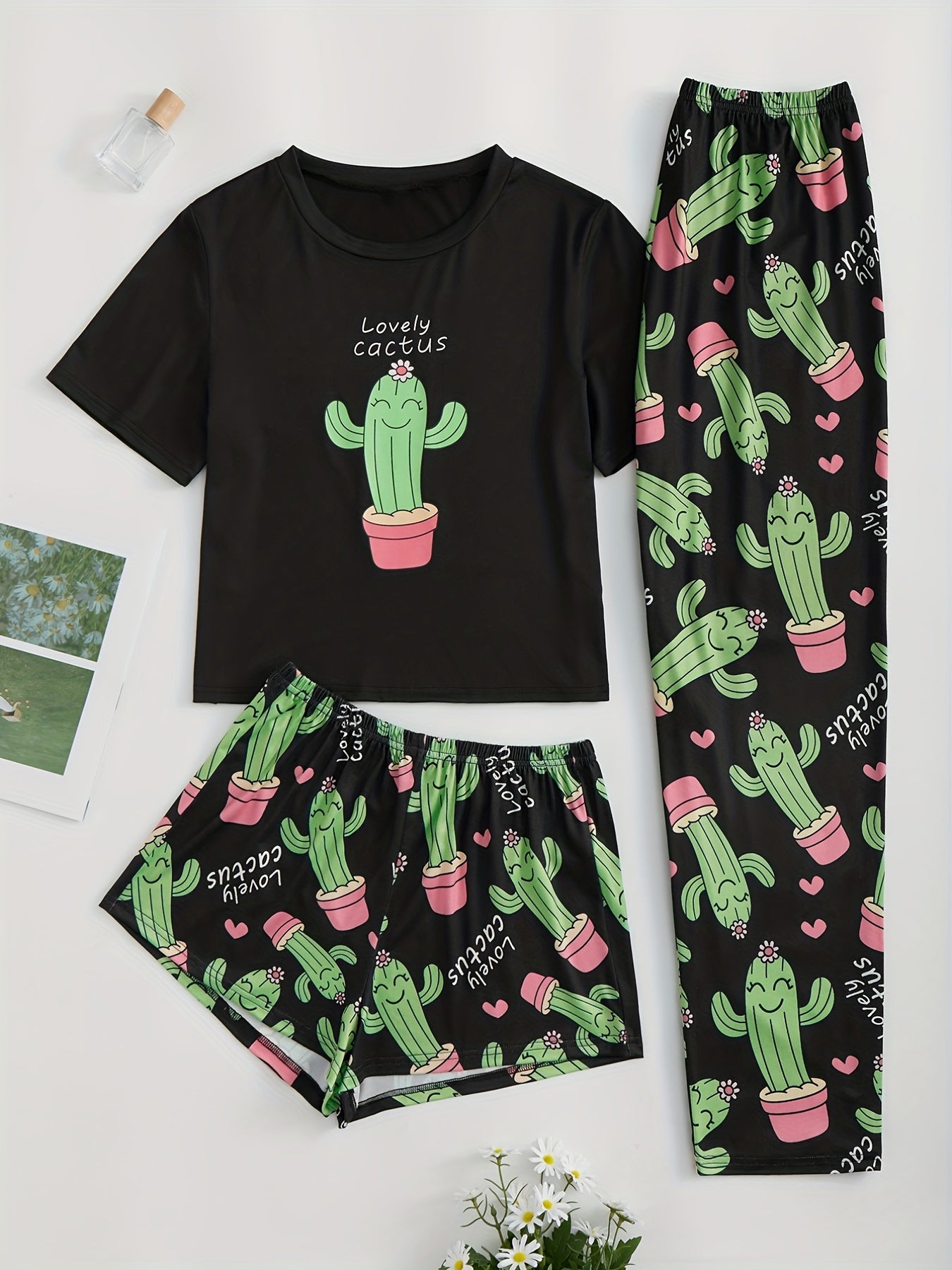 Cactus Print Pajama Set Short Sleeve T-shirt & Shorts