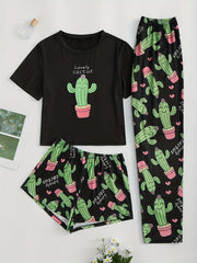 Cactus Print Pajama Set Short Sleeve T-shirt & Shorts
