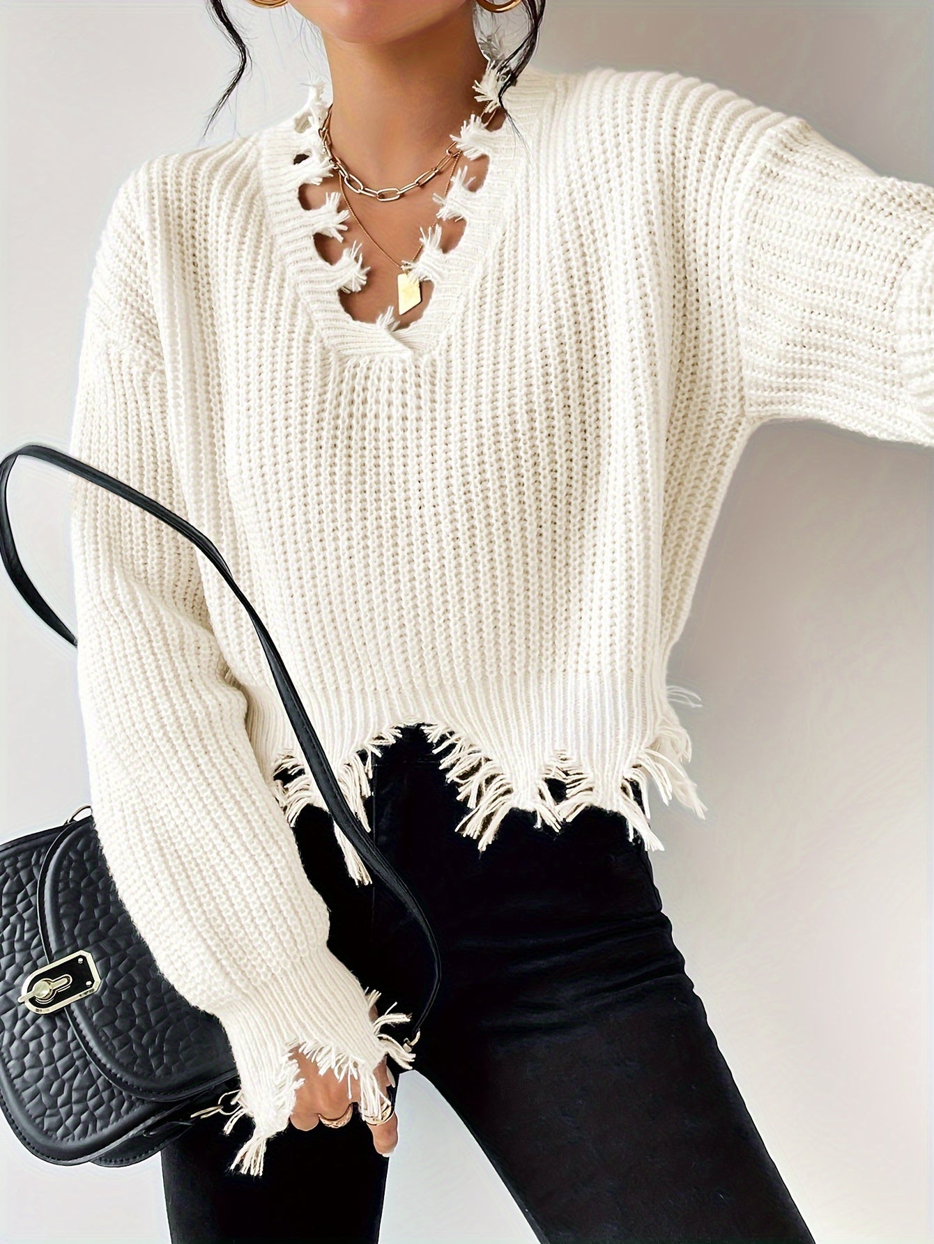 Y2K Distressed Trim Long Sleeve Crop Jumper