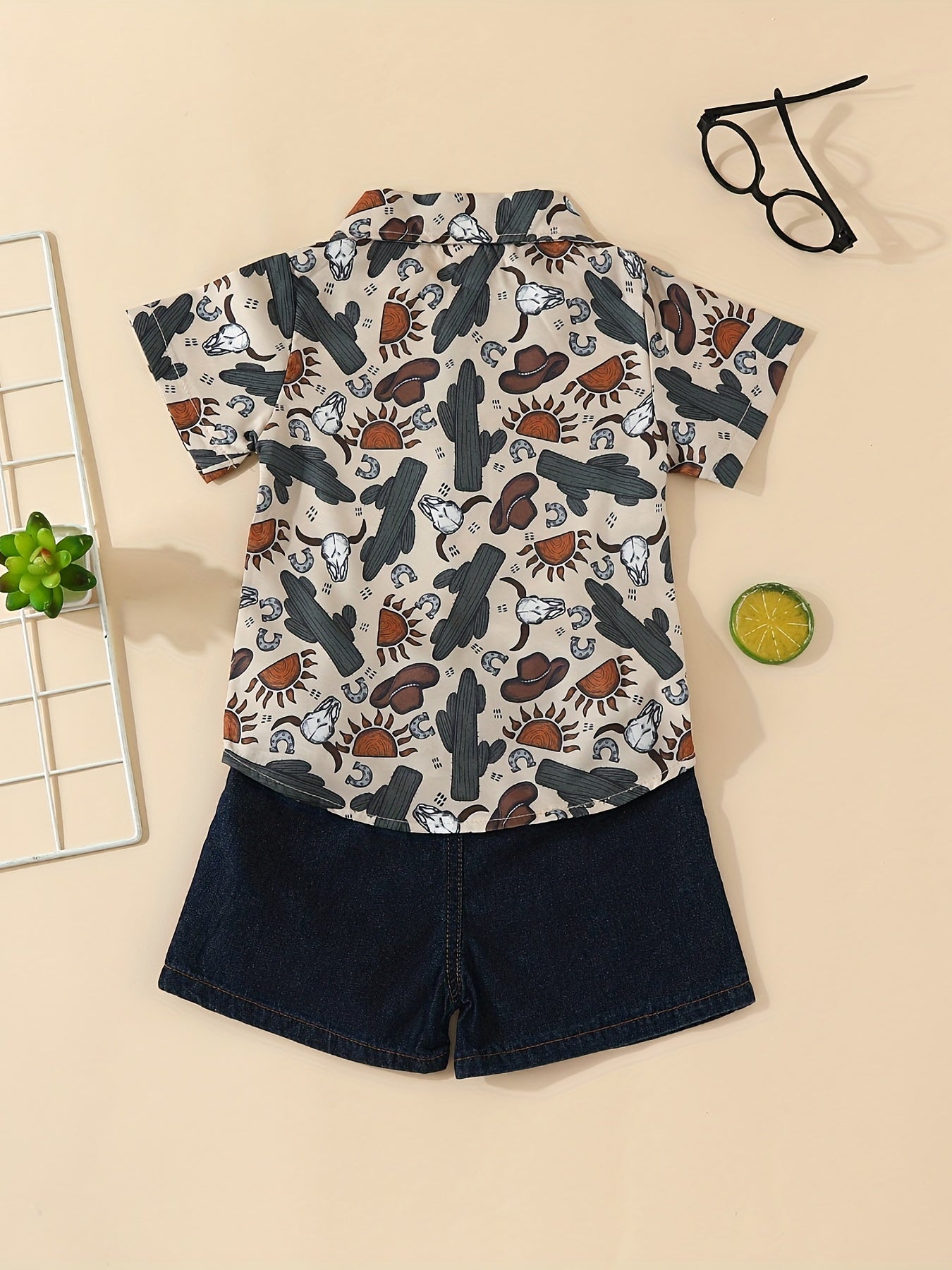 Boys Cactus Graphic Print Shirt & Ripped Denim Shorts Set for Summer