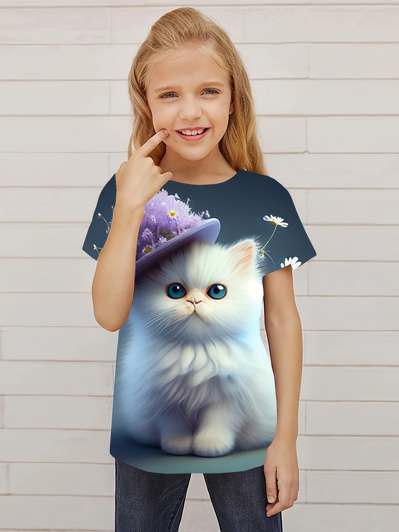 3D Cat In Hat Graphic Short Sleeve T shirt for Girls